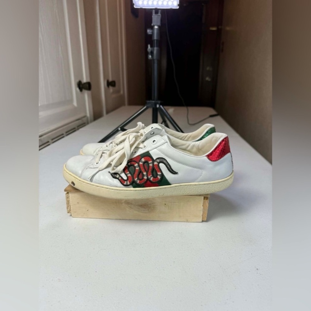 Mens Gucci Ace Embroidered Low Top Sneaker White Leather Snake Size 8 Used - Picture 5 of 16